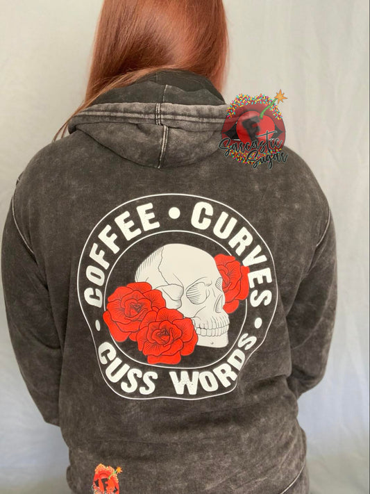 Coffee, Curves & Cuss Words - Mineral Wash Hoodie - Exclusive Design - Made to Order